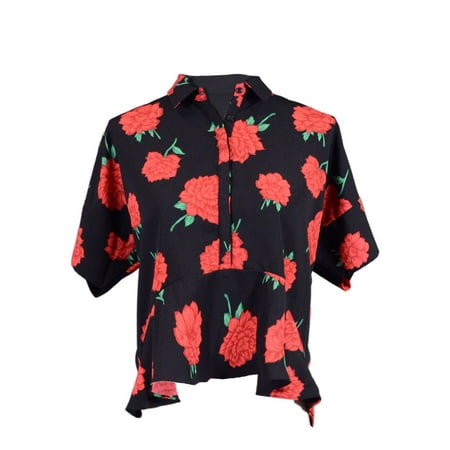 Leopard Print Ruffle Trim - Joyce Red Flower Printed High Low Collared Short Sleeve Top With Ruffled Trim