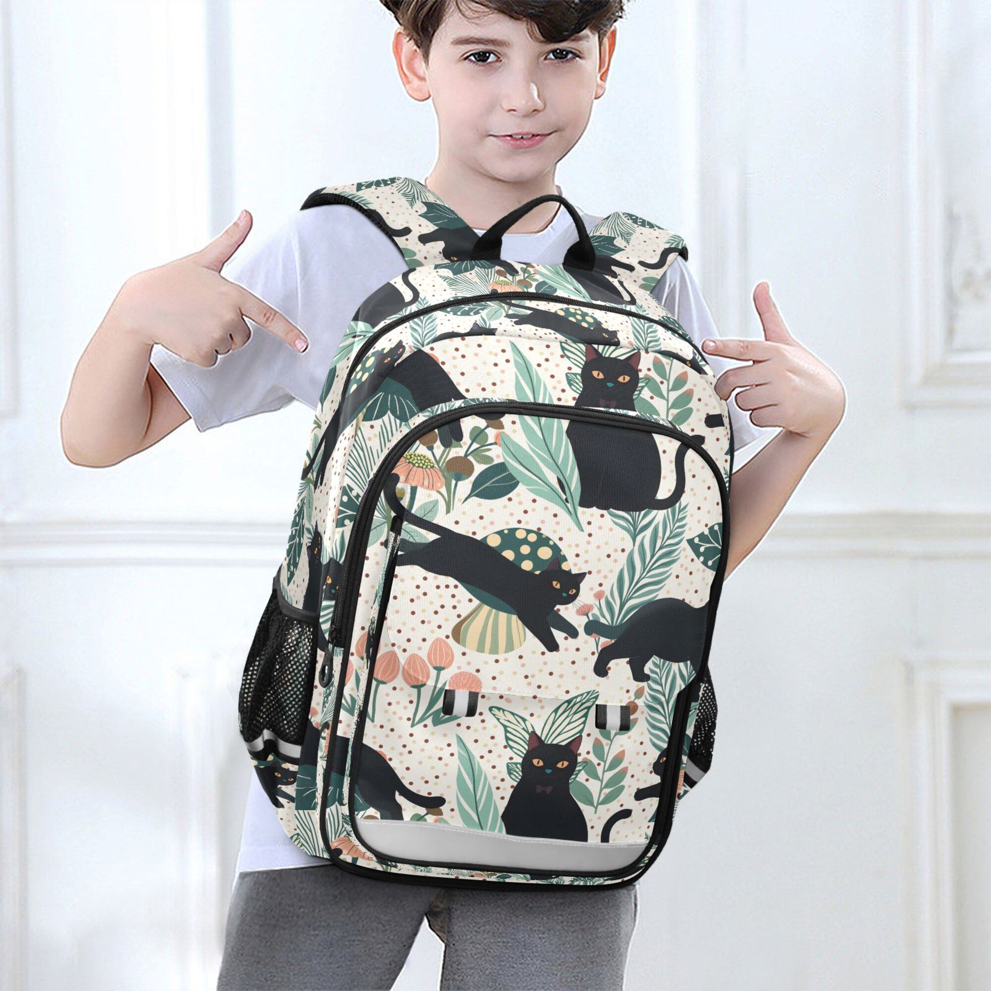 Mochila escolar unisex de 17", casual, para viajes, con bolsillos, estampado de gato negro 6