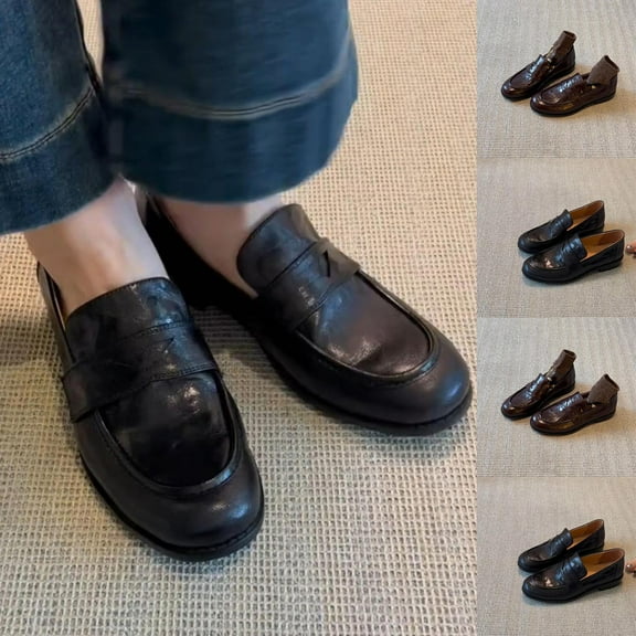 Vintage Loafers Women's Thick-Heeled Flat-Soled Shoes Comfortable Casual Style Small Leather Slip-On Footwear for Daily Wear