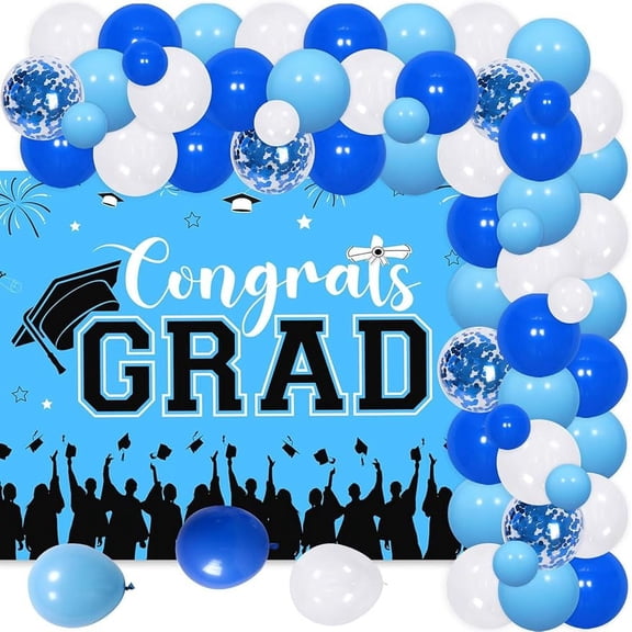 65Pcs Congrats Grad Decorations 2024, Light Blue Graduation Decor with Photography Backdrop Fireworks Bachelor Cap Little Star Printed Blue Wihte Black Balloon Garland Arch Kit for Class of 2024 Grad