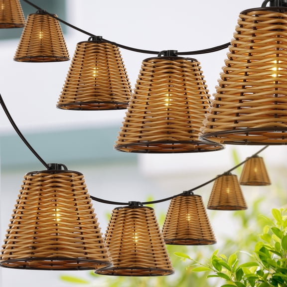 JONATHAN Y Payton 10-Light Indoor/Outdoor 10 ft. Classic Cottage LED G40 Faux-Rattan Shaded String Lights, Brown