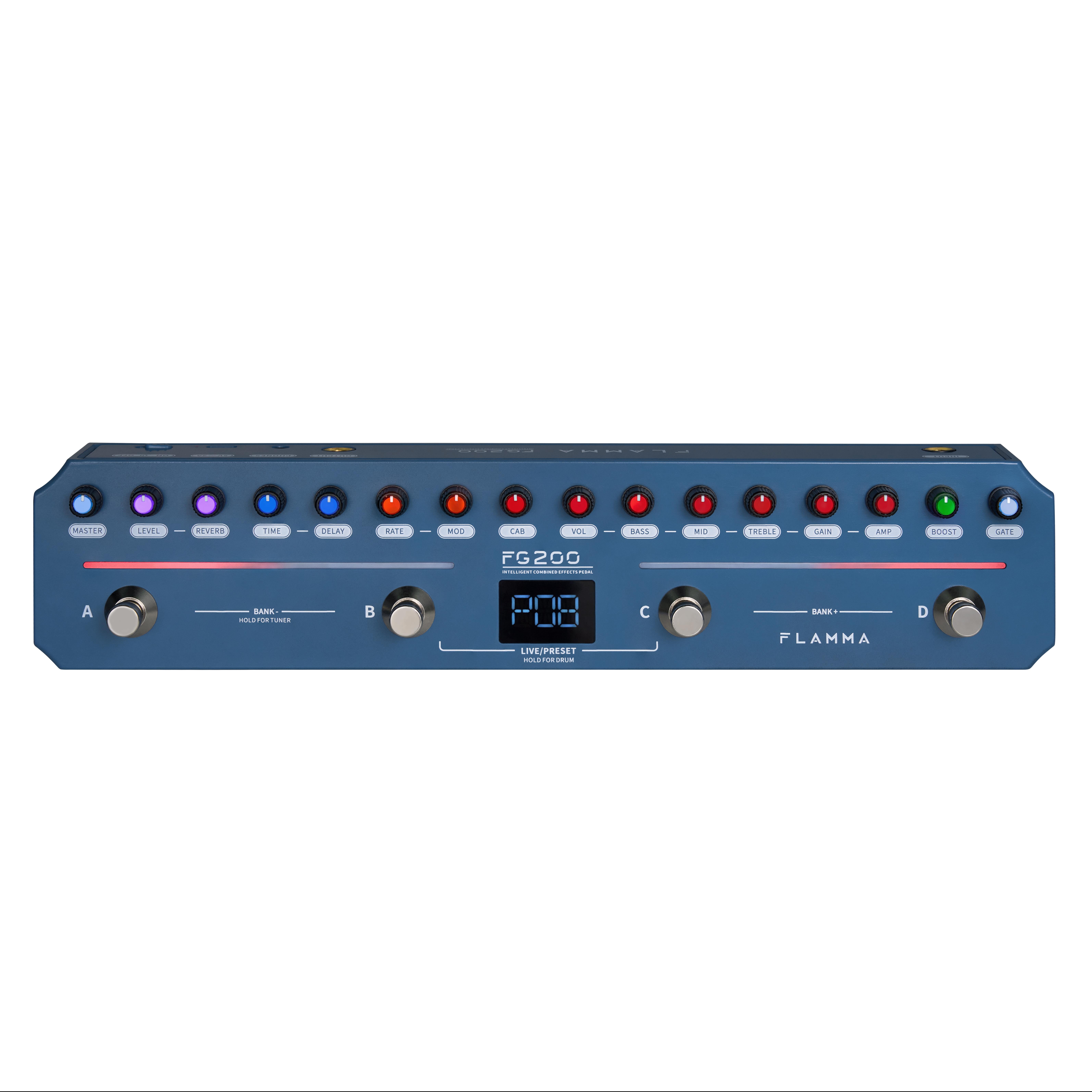 FLAMMA FG200 Intelligent Multi-Effects Processor Pedal with 52 AMP Models 5 BOOST Models 16 CAB Simulations 7 Effects Modules 9 IR Slots 40 Presets 40 Rhythm Styles Support APP OTG