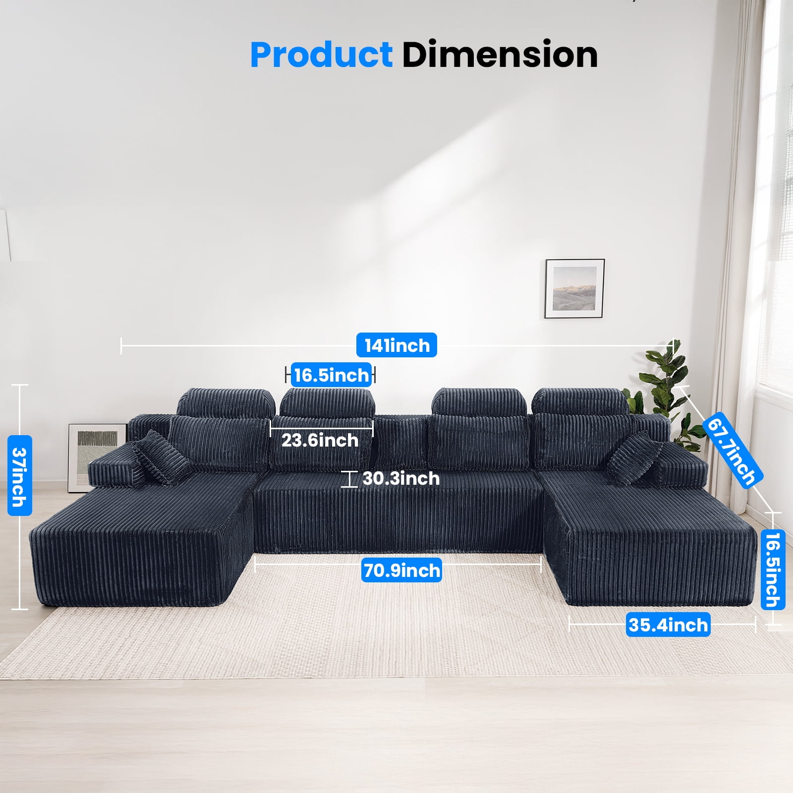 141" Super Large High Backrest Sectional Sofa&Couch, U-Shaped Soft Corduroy Modular Boneless Sofa with Deep Seat for Living Room Bedroom