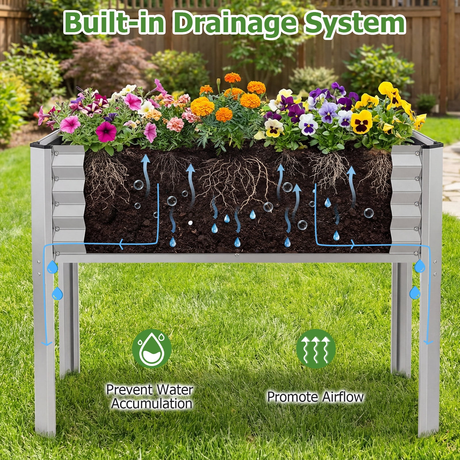 Costway 2 PCS Galvanized Raised Garden Bed with Legs, Metal Elevated Planter Box for Flowers Sliver