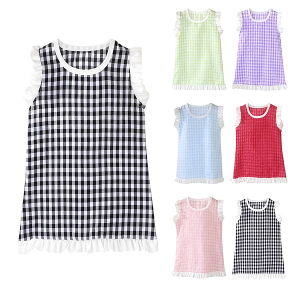 Loopsun 6 Months-12 Years Girls Sleeveless Tank Plaid Printed Ruffled Collar Princess Summer Dress Purple, 7-8 Years