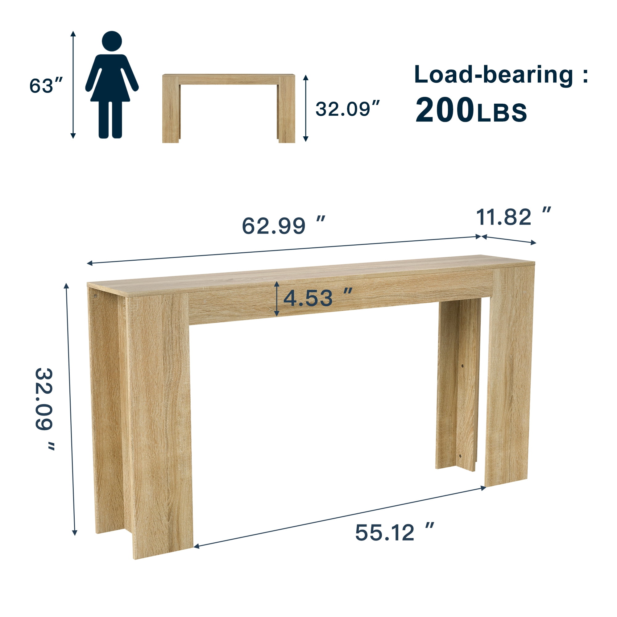 Domi Bonn Modern Oak Console Table, Extra-Long 62.99” Slim Profile with Waterproof Easy-Clean Finish, Sturdy Versatile for Entryway, Living Room