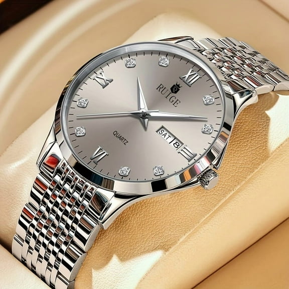 RUIGE Men's Watch Quartz Stainless Steel Strap Simple and Personalized Nightlight Waterproof Trendy Multifunctional Watch