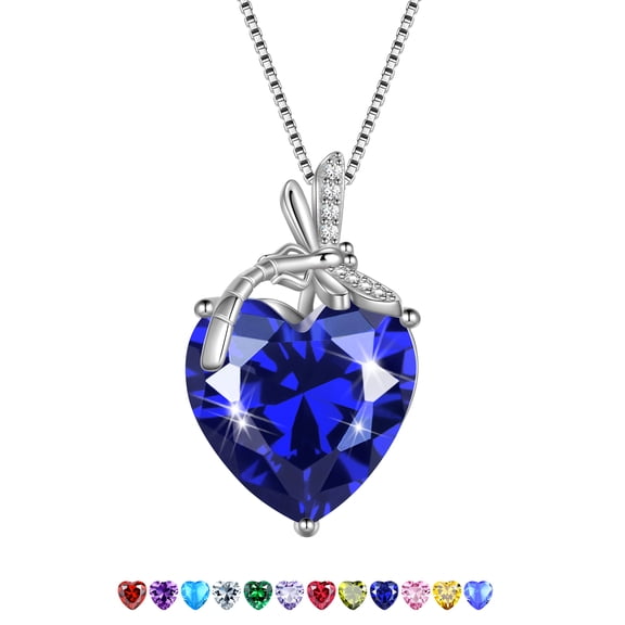 Juwaliy Dragonfly Necklace Heart September Birthstone Necklace Sapphire Blue 925 Sterling Silver Pendant Jewelry Women Birthday Christmas Mother's Day Gift