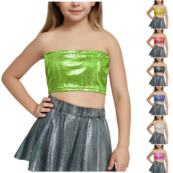 Miluxas Girls Metallic Shiny off Shoulder Crop Top Tube Top Blouse Rave Causal Strapless Basic Vest Silver 15 Years