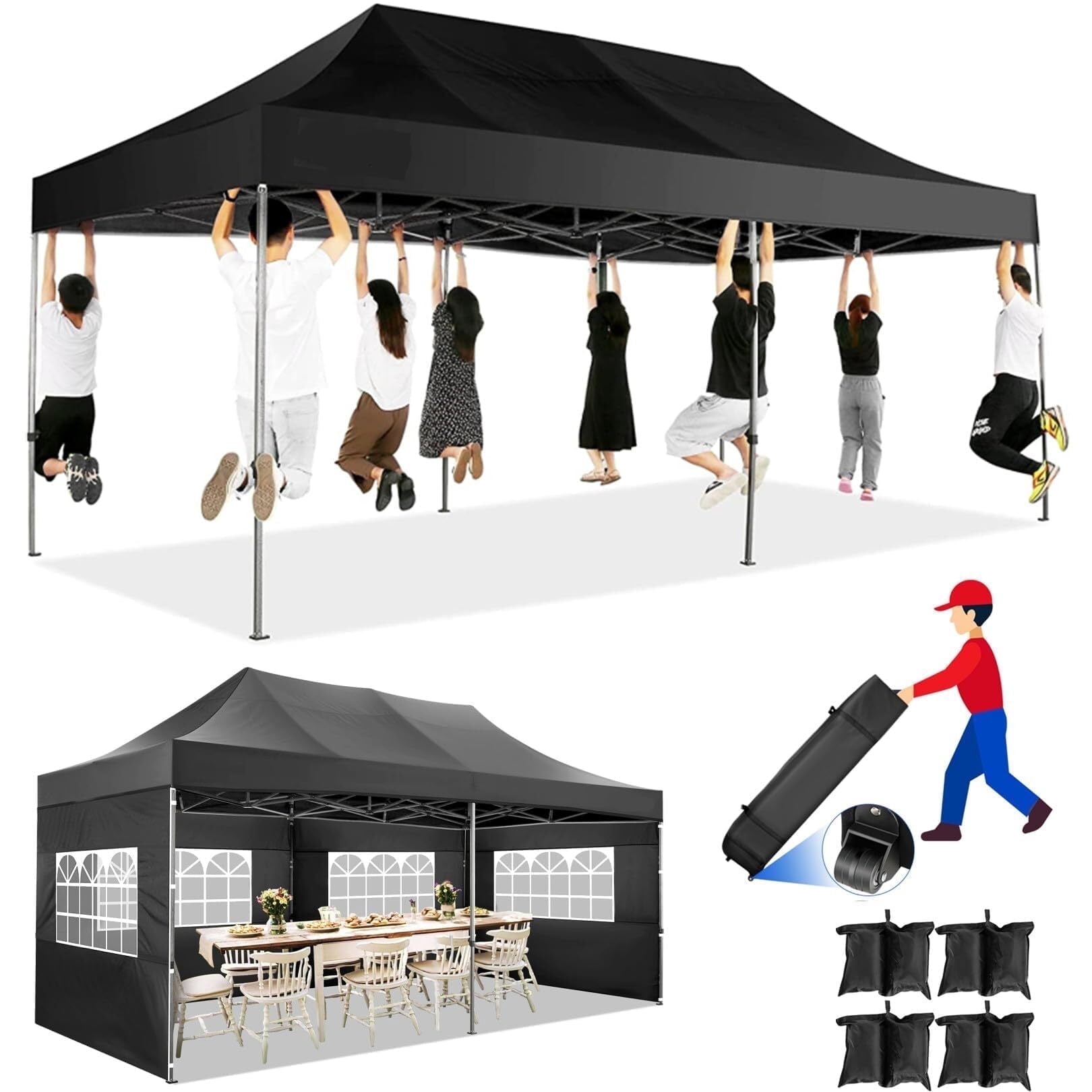 SANOPY 10x20 Pop up Canopy with 6 sidewalls Commercial Heavy Duty Canopy UPF 50+ All Weather Waterproof Outdoor Wedding Party Tents Gazebo with Roller Bag, Black