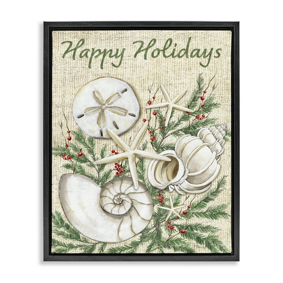 Stupell Industries Festive Seashells & Holly Holiday Painting Black Floater Framed Canvas Art Print Wall Art, 17 x 21