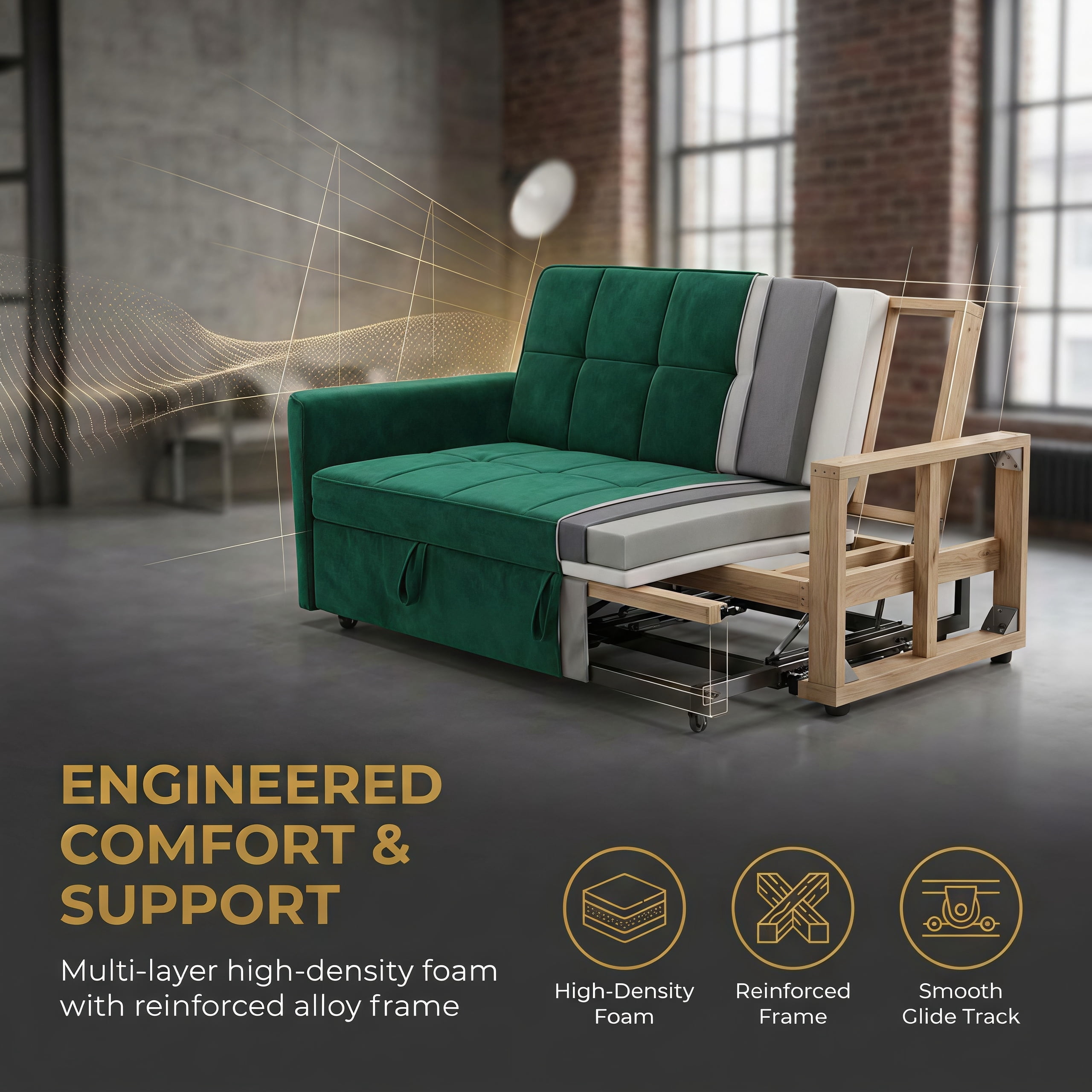 54" Convertible Sleeper Sofa Bed, Modern Velvet 3-in-1 Pull Out Loveseat Couch with 5-Position Backrest & Side Storage Pocket for Living Room, Green