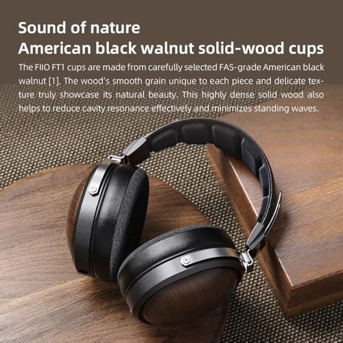 FiiO FT1 Closed-Back Over-Ear Nanowood Fiber Composite Diaphragm Wired Hi-Fi Headphones, Detachable Cable, American Black Walnut Wood Ear Cups for Home, Studio, Recording (Black)