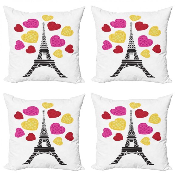 Eiffel Tower Throw Pillow Cushion Case Pack of 4, Beaming Colorful Hearts Valentine's Day Theme, Modern Accent Double-Sided Print, 4 Sizes, Multicolor, by Ambesonne