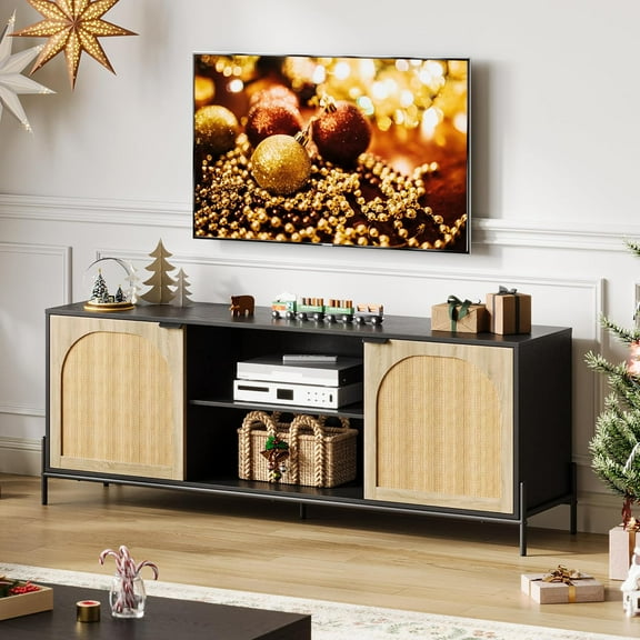 Juiluna TV Stand for 75 Inch Entertainment Center With Storage, 65 Inch Console Table With Metal Legs, Rattan Media Cabinet With 2 Doors, Wooden Stands for Living Room, Bedroom - Black