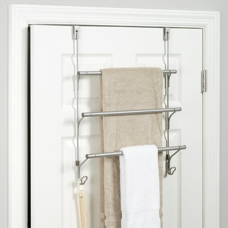 Mainstays SnugFit over-the-Door 3-Tier Towel Bar and 2 Hooks Hanging Storage, No Tools, Satin Nickel