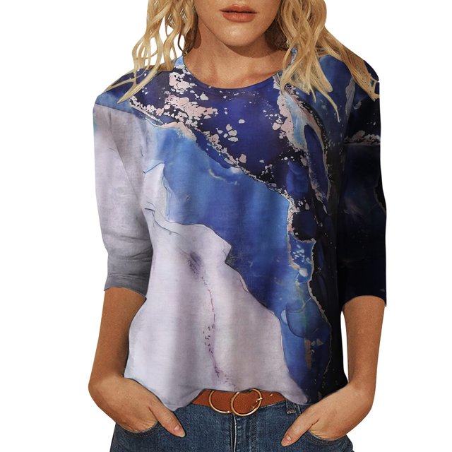 WEAIXIMIUNG T-Shirt Quotidien d'Été pour Femmes, Col Rond, Manches Trois-Quarts, Imprimé Floral, Blouse Tunique Fendue sur le Côté