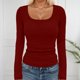 thumbnail image 1 of MHFRRA Camiseta Básica de Punto Acanalado para Mujer, Cuello Cuadrado, Manga Larga, Moda de Otoño, Informal, Elástica, Cómoda, para Niñas y Adolescentes Rojo, 1 of 4