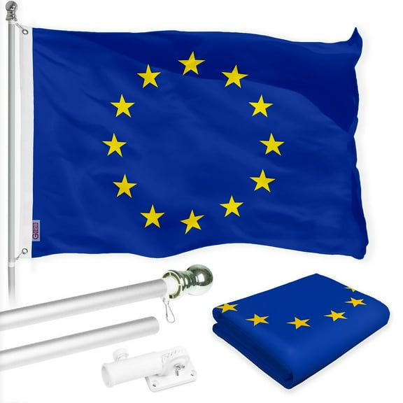 G128 Combo Pack: 6 Ft Tangle Free Spinning Flagpole (Silver) & European Union Flag 3x5 Ft Printed 150D Polyester, Brass Grommets (Flag Included) Aluminum Flag Pole