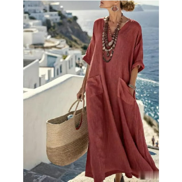 Three-quarter sleeve patch pocket kaftan dress