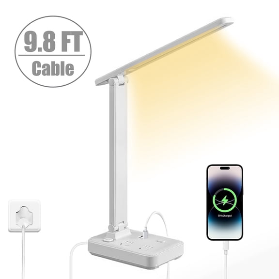 Power Strip with LED Desk Lamp, 2 Outlets 2 USB Ports(2 USBC) 3 Modes Small Desk Lamp for Home Office Bedroom Bedside, Study Reading Light, 9.2 ft Extension Cord, Dorm Room Essentials