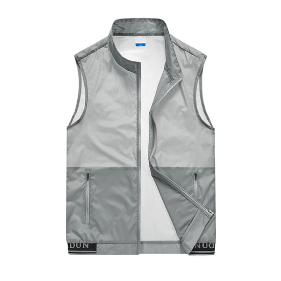 LEKWK Mens Sleeveless Vest Full Zip Stand Collar Windbreaker Vest Mesh Lined with Zipper Pockets Outdoor Travel Tops Hiking Casual Shirts Gray XL