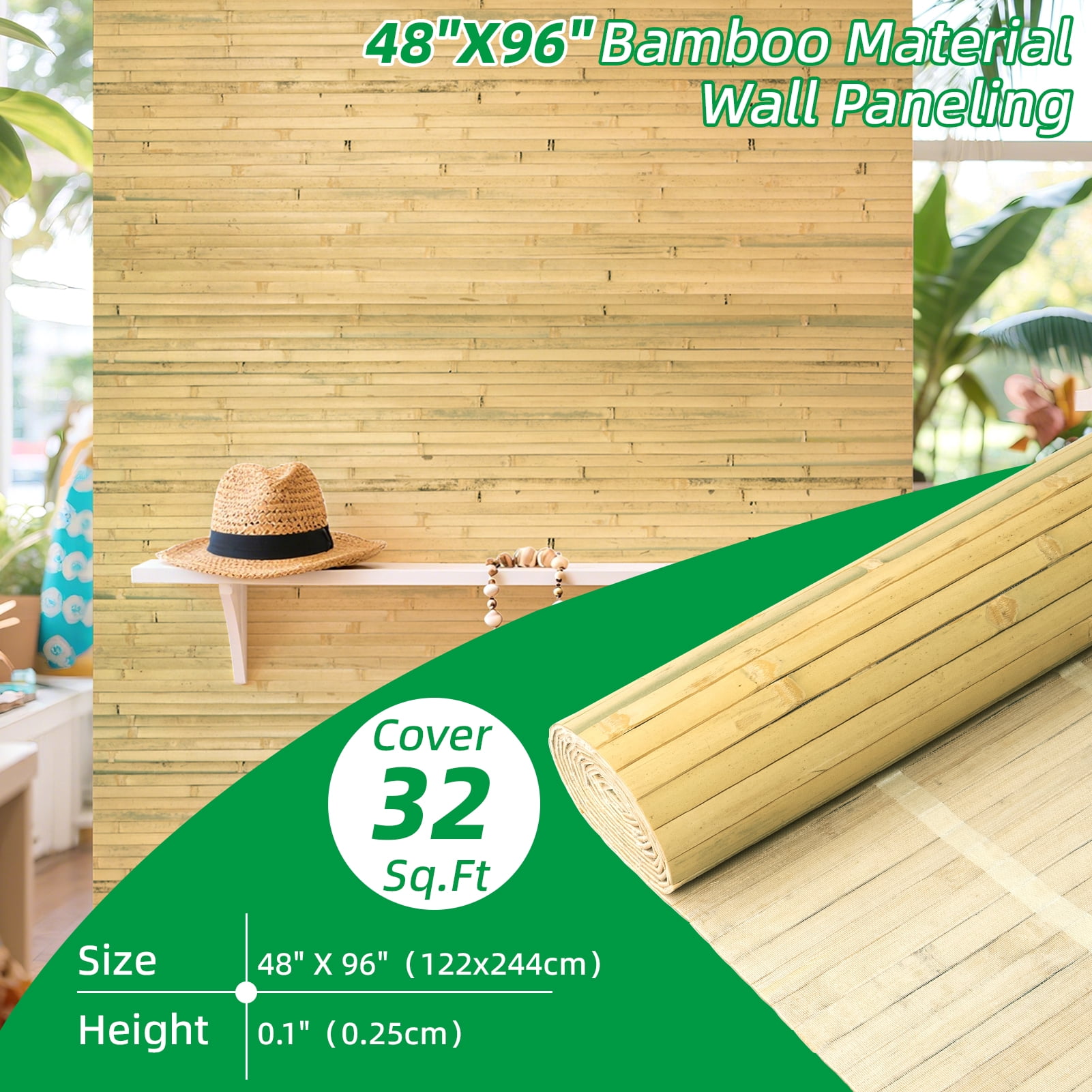 Art3dwallpanel 48'' x 96'' Natural Bamboo Wall Panel for Interior Wall Décor for Living Room, Bedroom,Natural