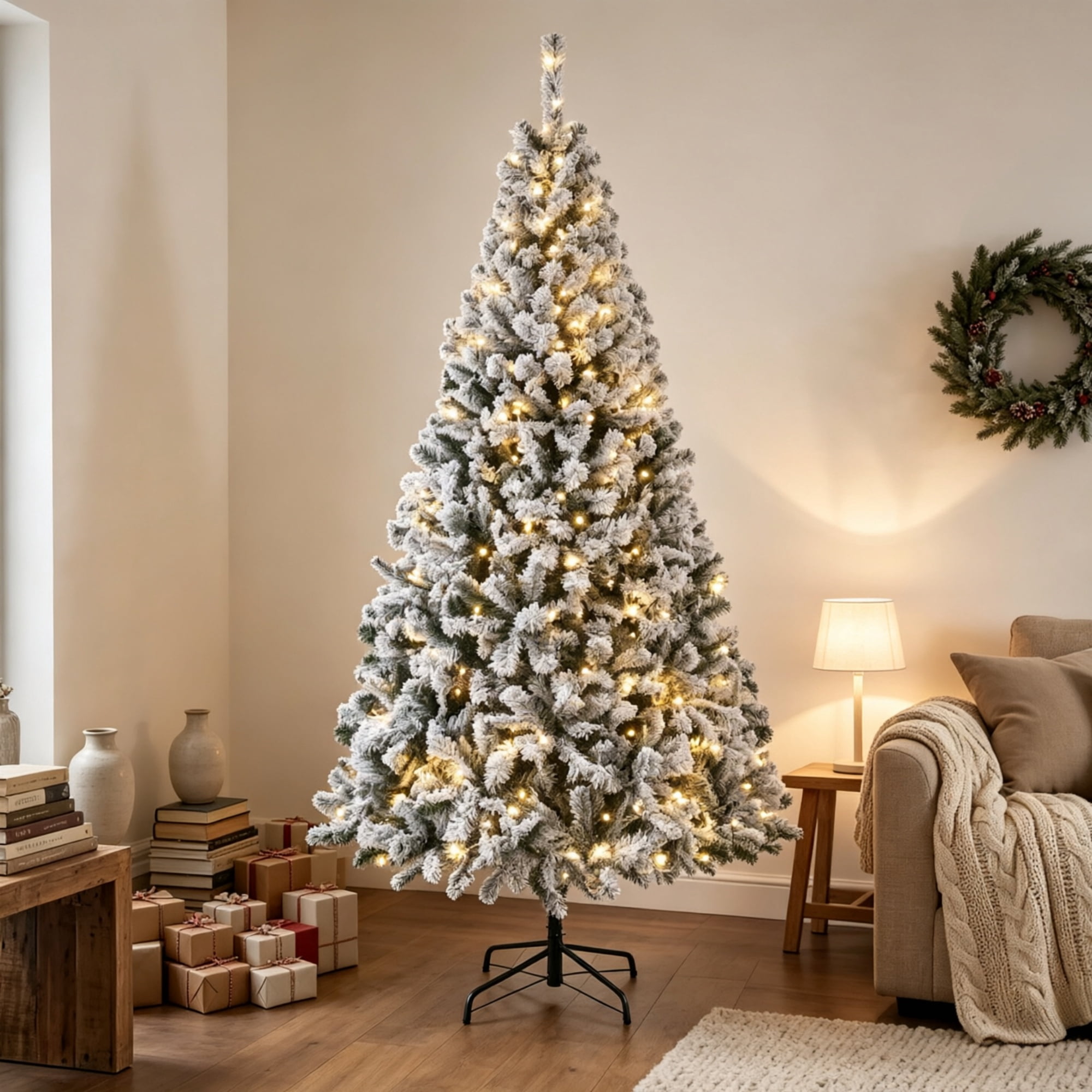 7.5 ft Pre-Lit Flocked Artificial Christmas Tree with 400 Warm White Lights, Hinged Branches, Foldable Metal Stand, 1189 Tips