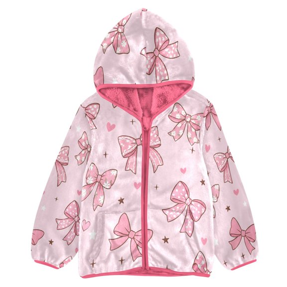 BZSMCE Double-Sided Sherpa Fleece Hooded Zipper Jacket Pink Variety Of Bow Pattern Print Warm Outerwear