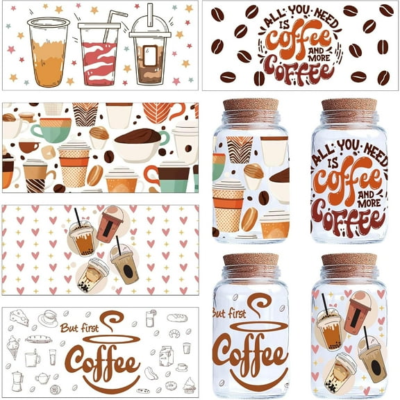5 Sheets Coffee Transfer Stickers for Glass Cups Rub on Transfers Decal UV DTF Cup Wrap Transfer PVC Waterproof Coffee Cups Drink Stickers Decals for DIY Furniture Crafts 9.44x4.33Inch
