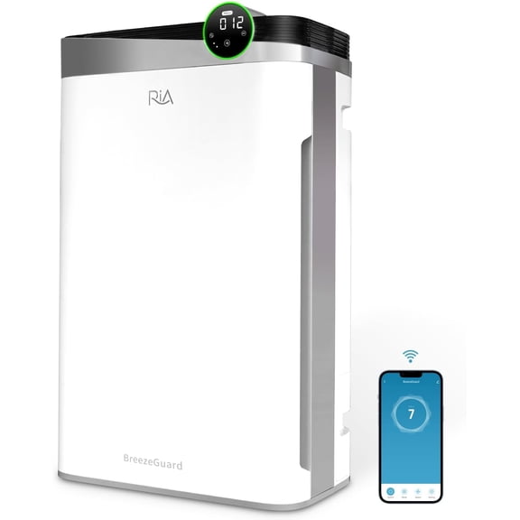 RIA BreezeGuard HEPA Air Purifier for Home & Large Rooms up to 2500 Sq Ft – Smart Air Cleaner with Non-Steam Humidifier Plus, App Control, PM2.5 Sensor, for Pets, Allergies, Smoke & Dust