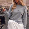 thumbnail image 4 of Edvintorg Women Sweaters Heart Embroidery Long Sleeve Cropped Knit Sweater Crew Neck Loose Pullover Top Clothes for Women Gray L, 4 of 5