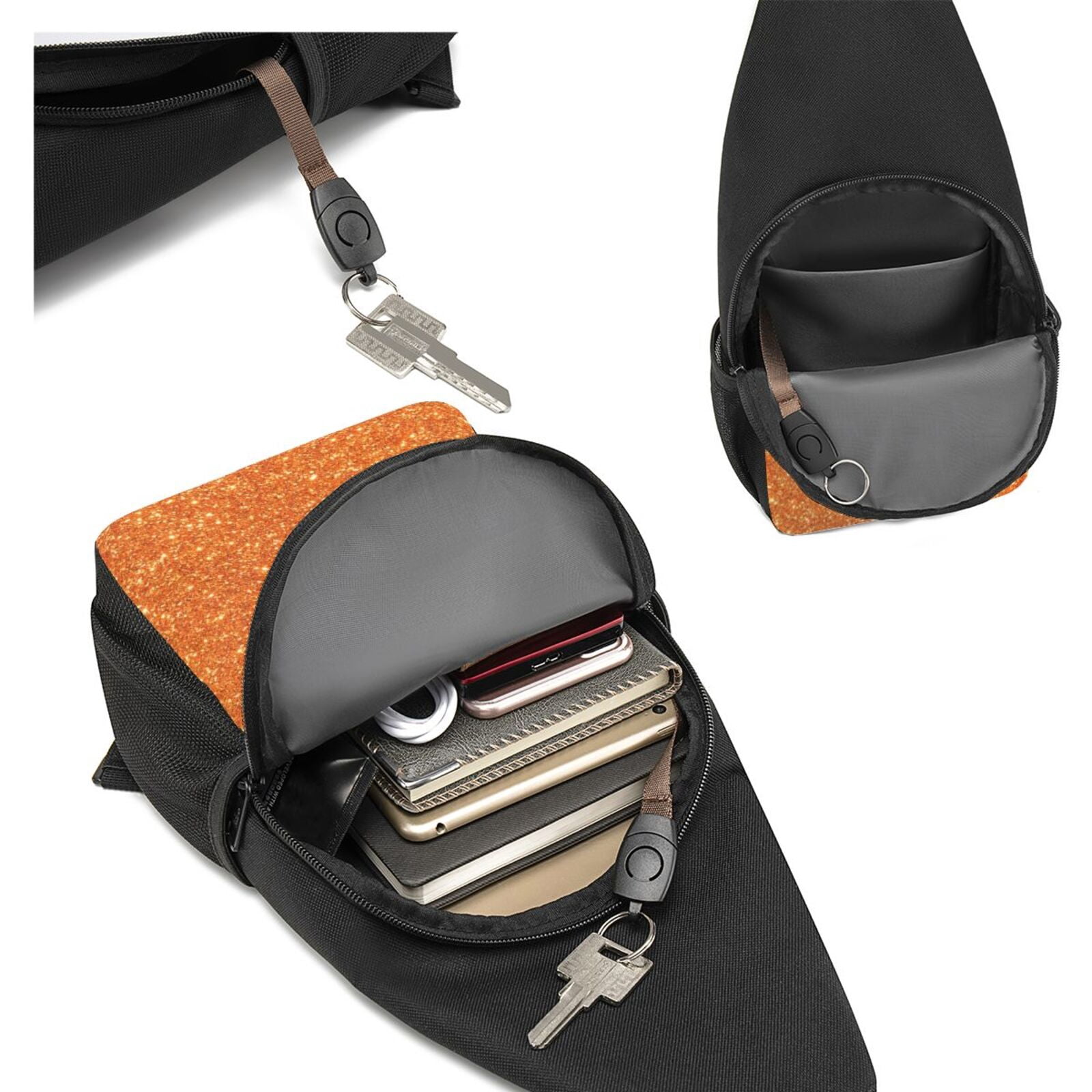 Xecao's Orange Glitter Print Sling Bag: A Versatile Chest, Shoulder, and Crossbody Backpack for Casual Days Out, Perfect for Both Men and Women