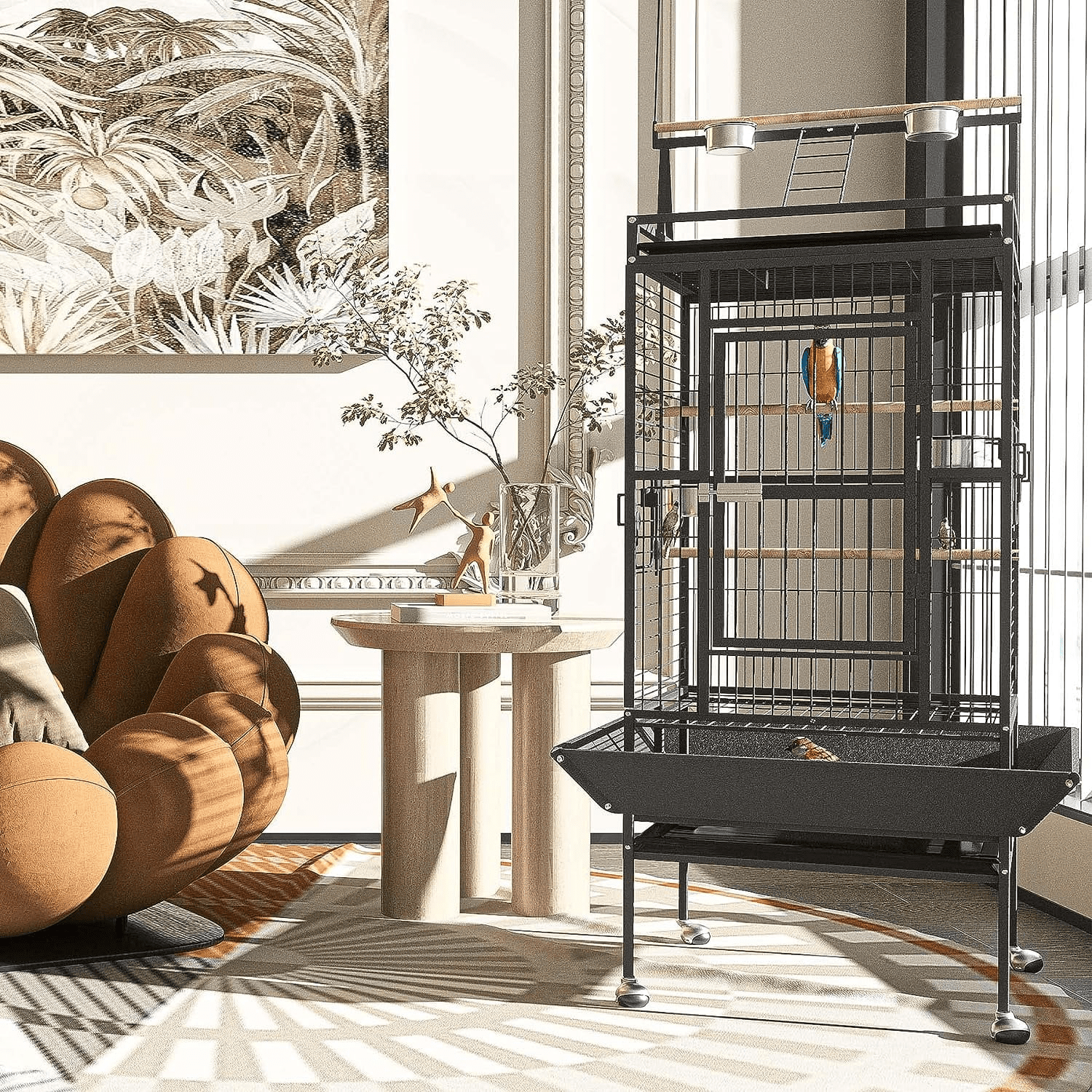 HAUXITIO 82" Rolling Metal Bird Cage,Large Parrot Cage with Play Top for Pet Birds,Black