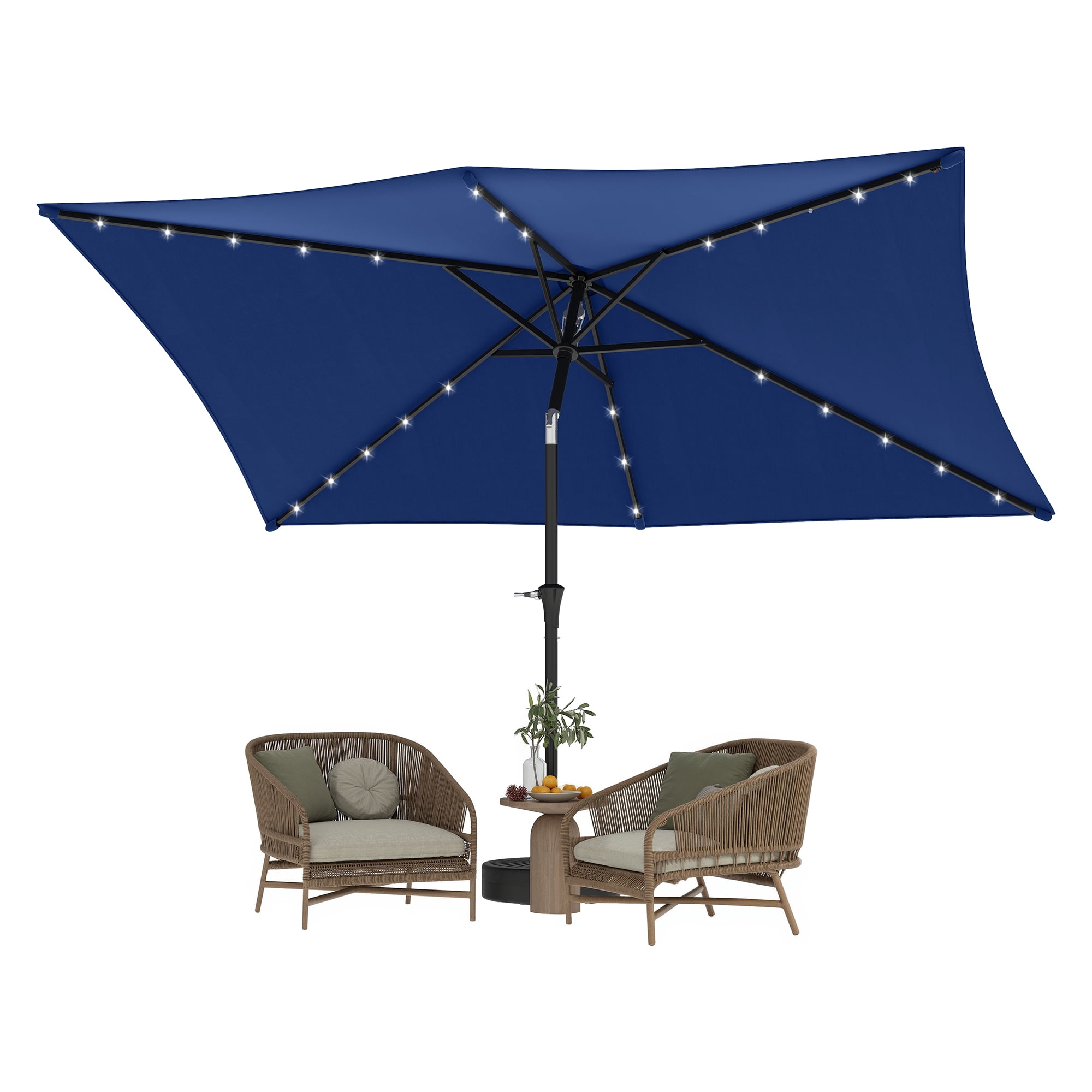 Uforic 6.5' x 10' Patio Umbrellas with 26 LED Lights, Outdoor Portable Shade Market Table Umbrella with Push Button Tilt & Adjust Crank, UV Resistant, Navy Blue