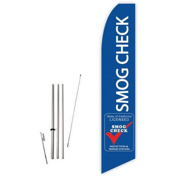 Smog Check Only Blue Super Novo Feather Flag - Complete with 15ft Pole Set and Ground Spike