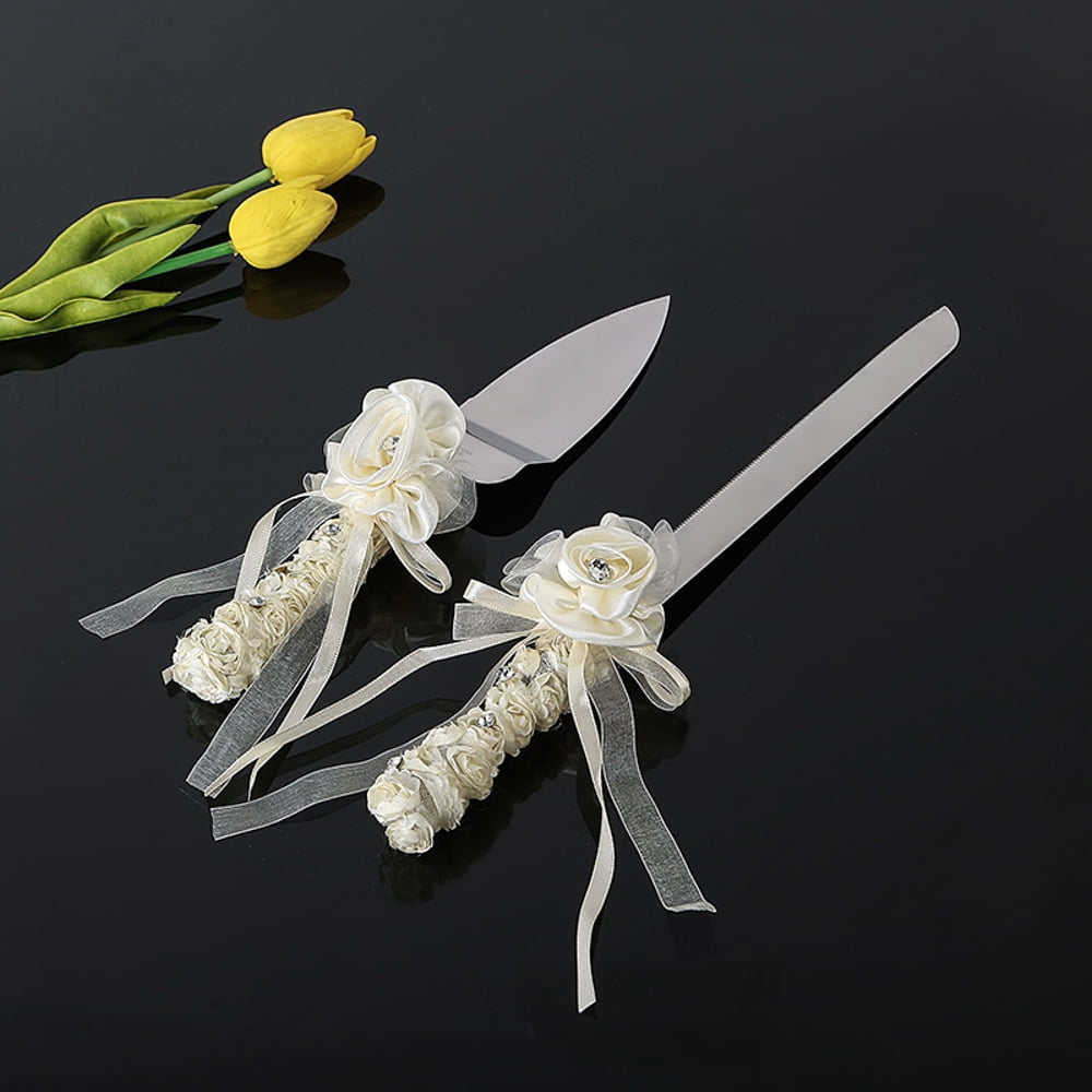 White Rose Wedding Cake Server Set White Ribbon & Swarovski Crystal