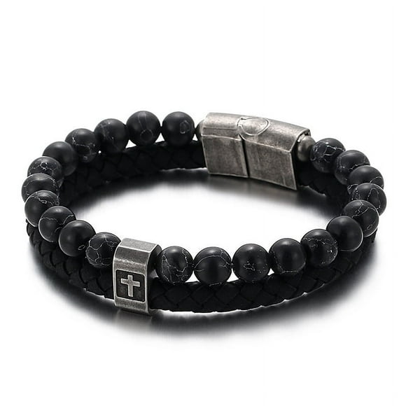 Fossil Vintage Leather Men's Bracelet, Cross Bracelet(Black)