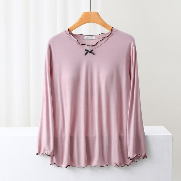 Blusa de pijama de manga larga para mujer, lisa, informal, a la moda, con cuello redondo, manga larga, para dormir, pijama para mujer