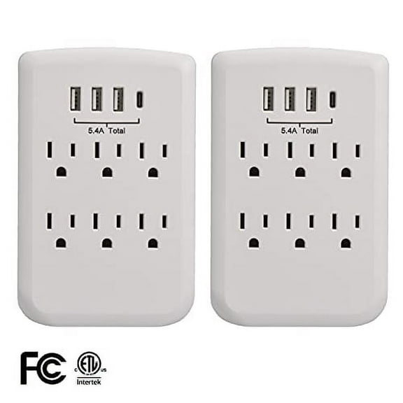 Clear Power (2-Pack) 6-Outlet Wall-Tap with 3-Port USB-A & 1 Port USB-C, CP30007X2