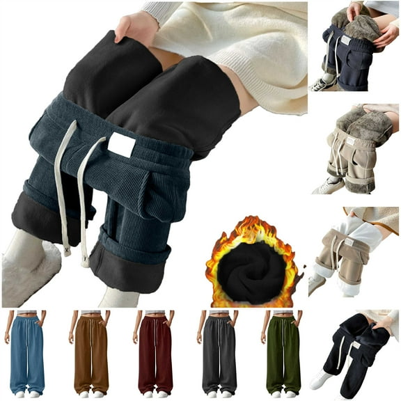 QATAINLAV Sherpa Lined Sweatpants for Women Drawstring Wide Leg Athletic Joggers Winter Warm Fleece Trousers with Pockets Streetwear, Black, XL