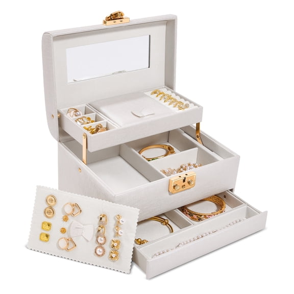 Casegrace Heart Shaped Lock Jewelry Box With Sync Open/Close Drawer, Multi-Layer Storage Case, Built-in Mirror, Portable Jewelry Organizer for Women Rings, Earrings, Necklaces, Valentine’s Day Gift