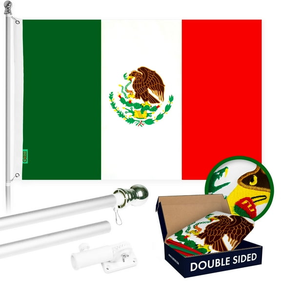 G128 - 6 Feet Tangle Free Spinning Flagpole (Silver) Mexico Double Sided Brass Grommets Embroidered 3x5 ft (Flag Included) Aluminum Flag Pole