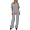 thumbnail image 2 of Dazajoo Two Piece Lounge Set for Women Summer Short Sleeve Crew Neck Tops with Wide Leg Pants Casual Beach Vacation Outfit Sets,Dark Gray,XXL, 2 of 8