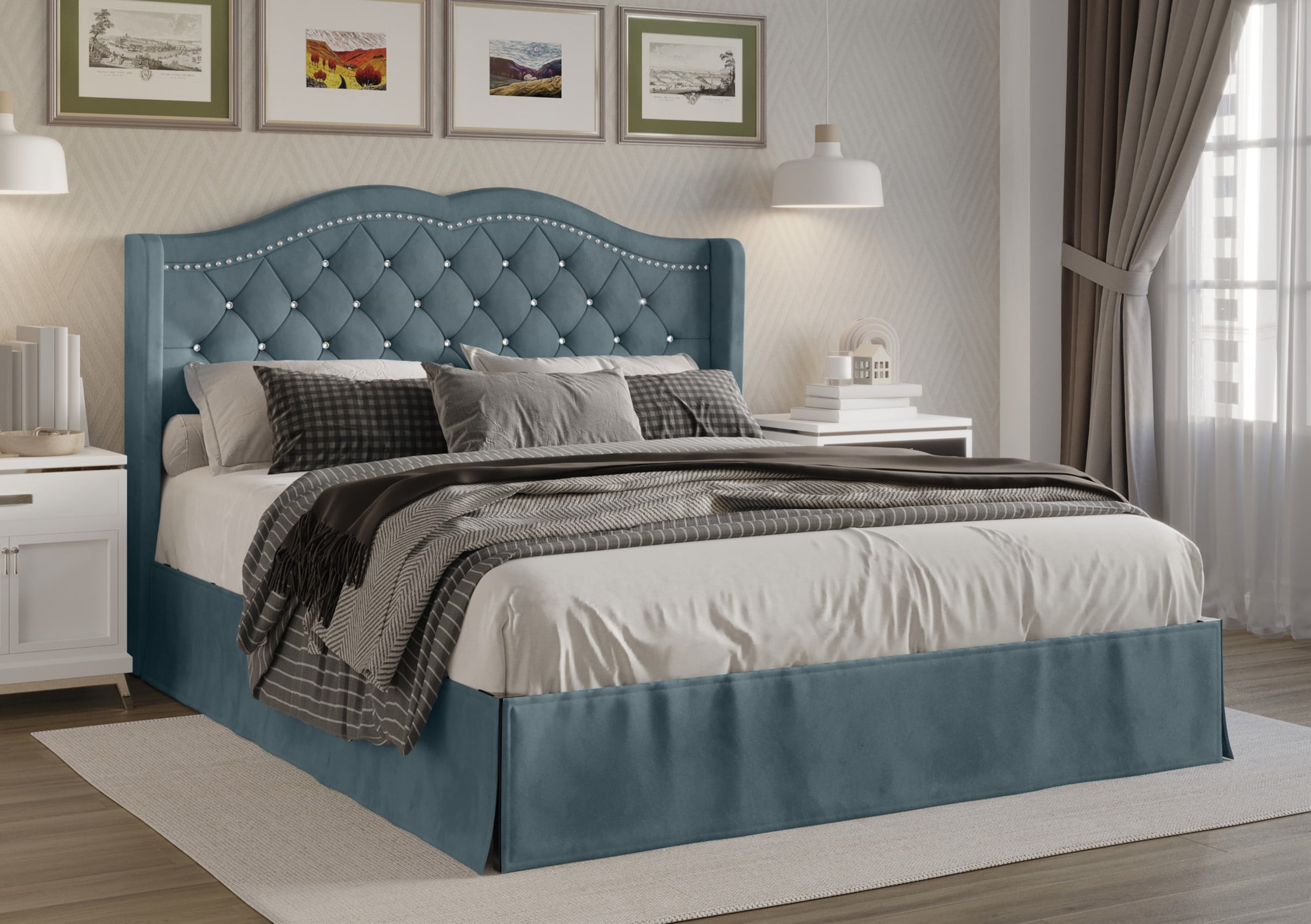 Home Design Bruce King Tufted Upholstered Platform Bed Frame with Wingback Headboard and Nailhead Trim, Blue, Easy Assembly
