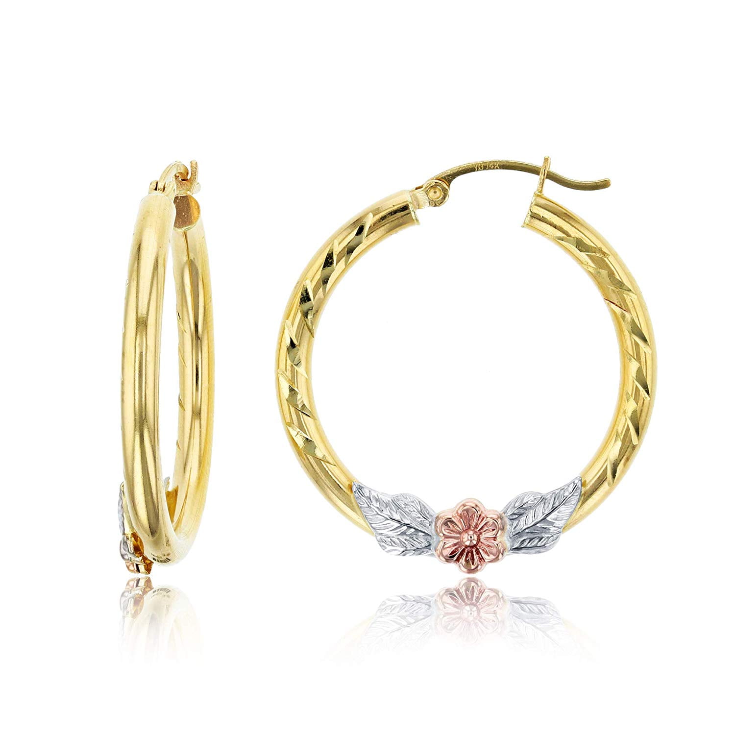 Decadence 14K Tricolor Gold Diamond Cut Flower Hoop Earrings 3x25mm Hoop Earrings For