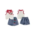 thumbnail image 2 of BemeyourBBs Toddler Baby Girl Summer Clothes Kids Baby Girl 2 Piece Cherry Denim Outfits Cherry Decor Lapel V-Neck Tank Vest Tops Jeans Denim Shorts Skirt Skorts Set, 2 of 9