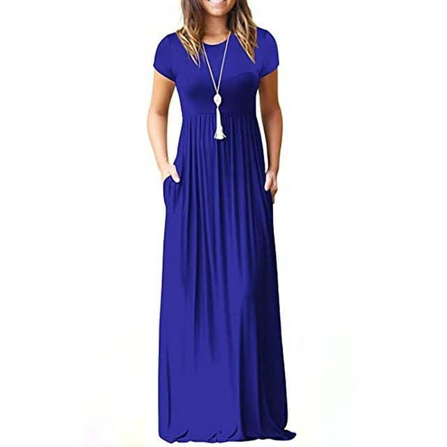 SMihono Robe Maxi Bohème d'Été pour Femmes Grande Taille Mode Femmes Décontractée Col Rond Été Manches Courtes Unie Ample Poches Longue Robe Plage Évasée Robe d'Été
