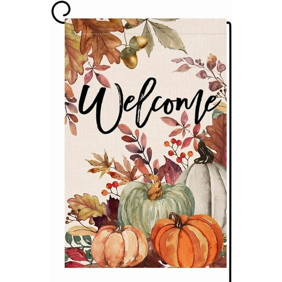 Fall Welcome Pumpkin Leaves Flag 12x18 Inch Vertical Double Sided Burlap Autumn Thanksgiving Yard Decor