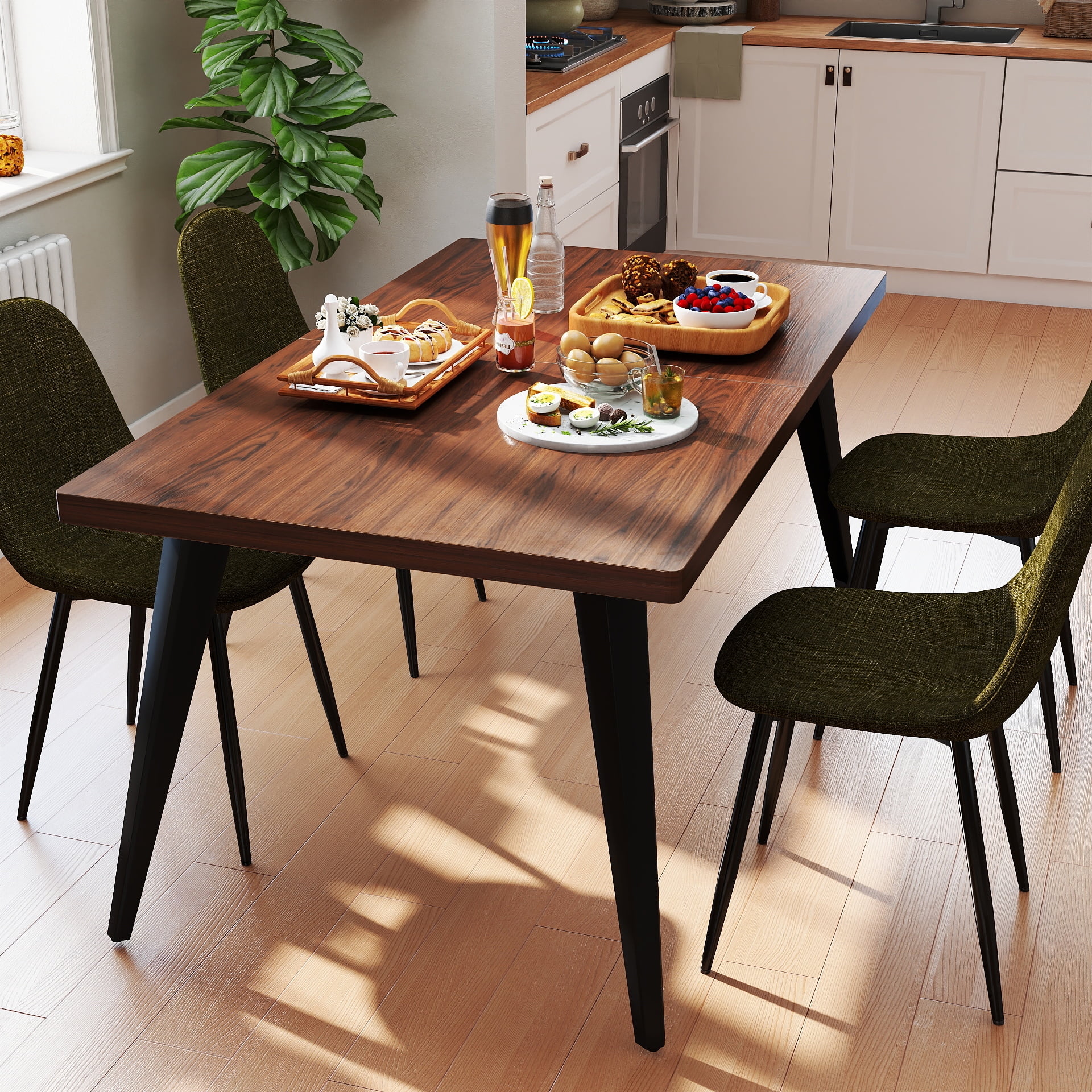 Homy Casa 63 inch Modern Dining Set, Dining Table with 4 Chairs, Beige Fabric